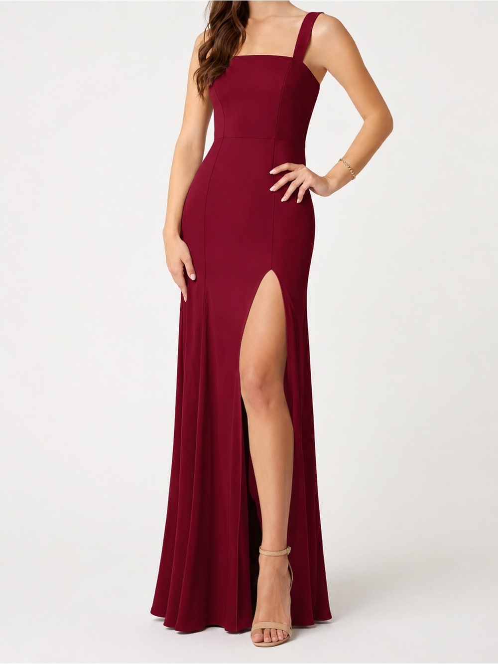 Azazie Burgundy Square-Neck Slit Evening Gown